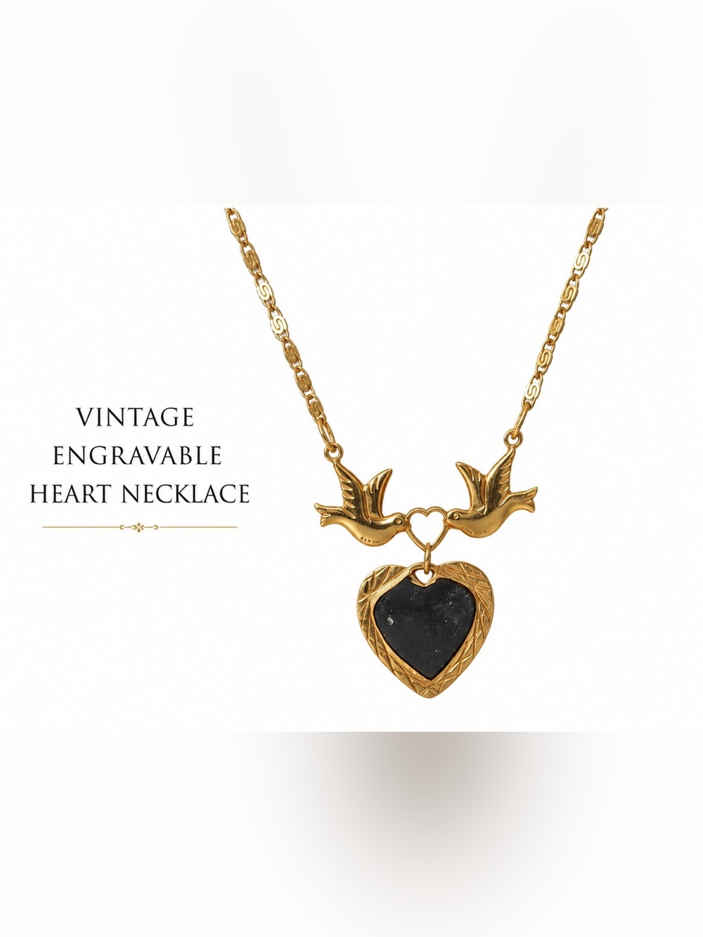 Vintage Swallow Bird Engravable Heart Necklace | Romantic Tattoo Style